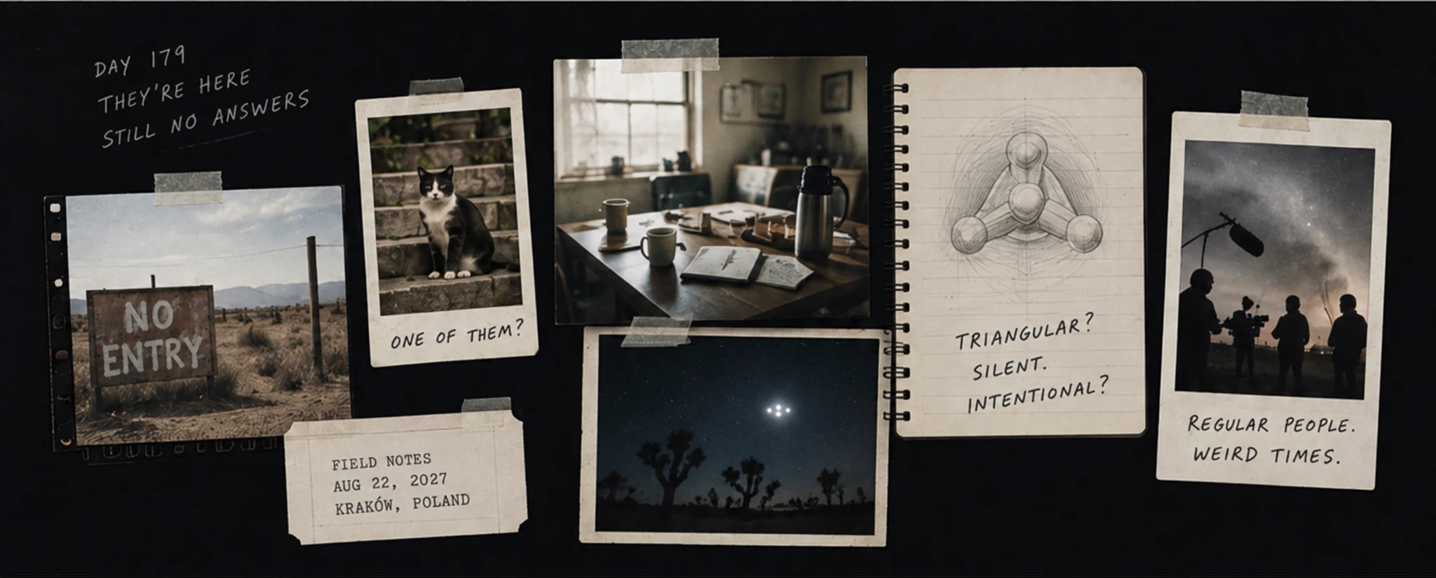 Field notes, photographs, and unexplained sightings.
