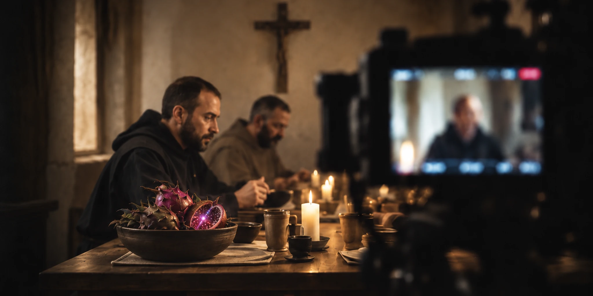 A documentary camera records a shared meal and some unfamiliar fruit.