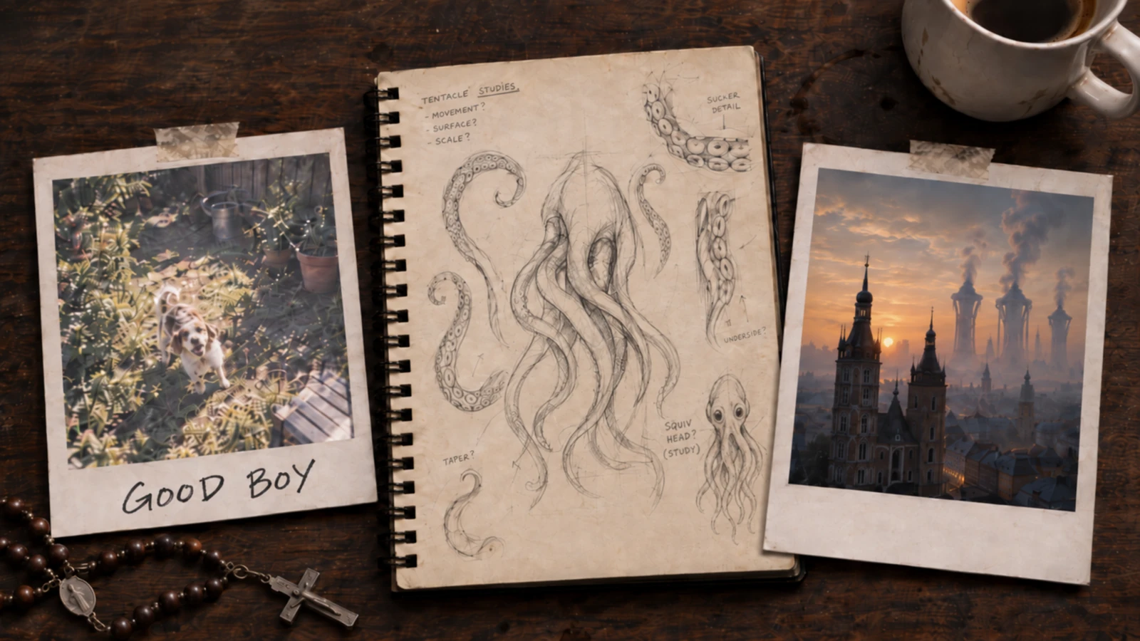 Production sketches, photographs, and notes spread across a wooden desk.